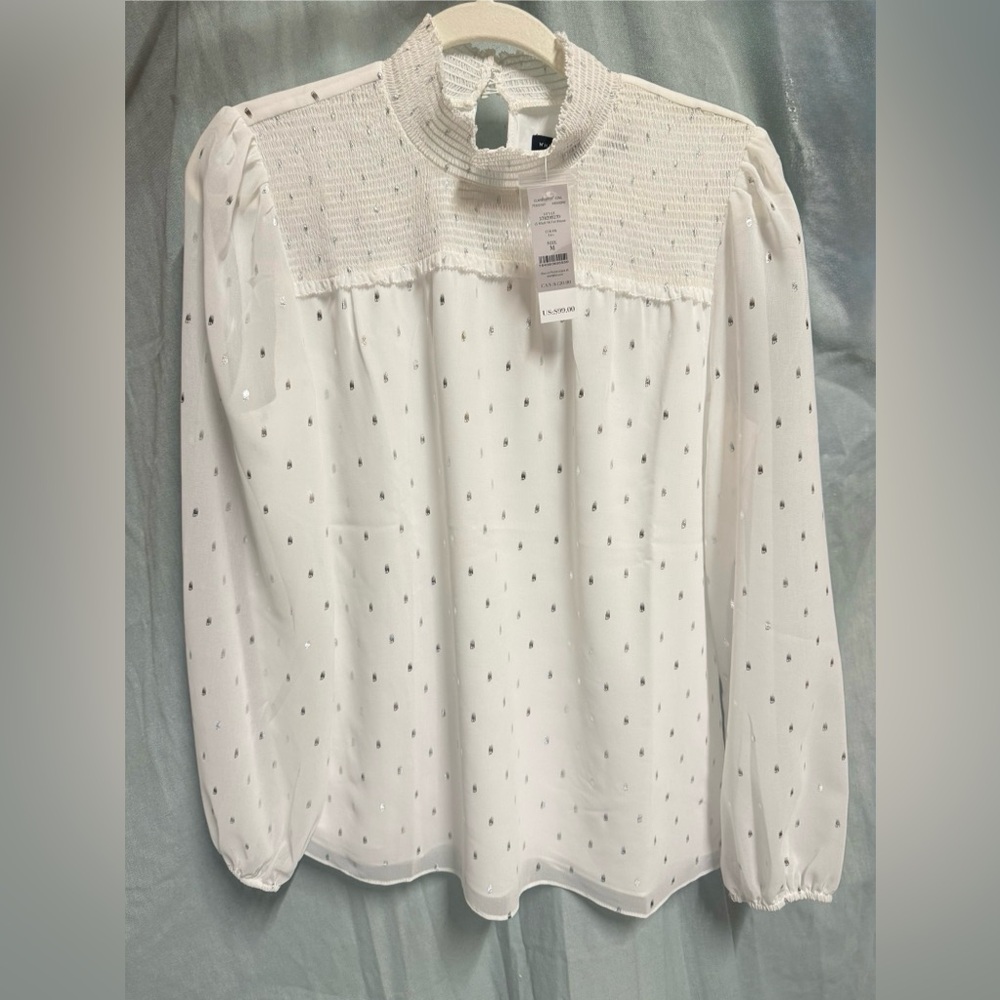 White House Black Market NWT high neck sheer blouse with silver foil dots medium